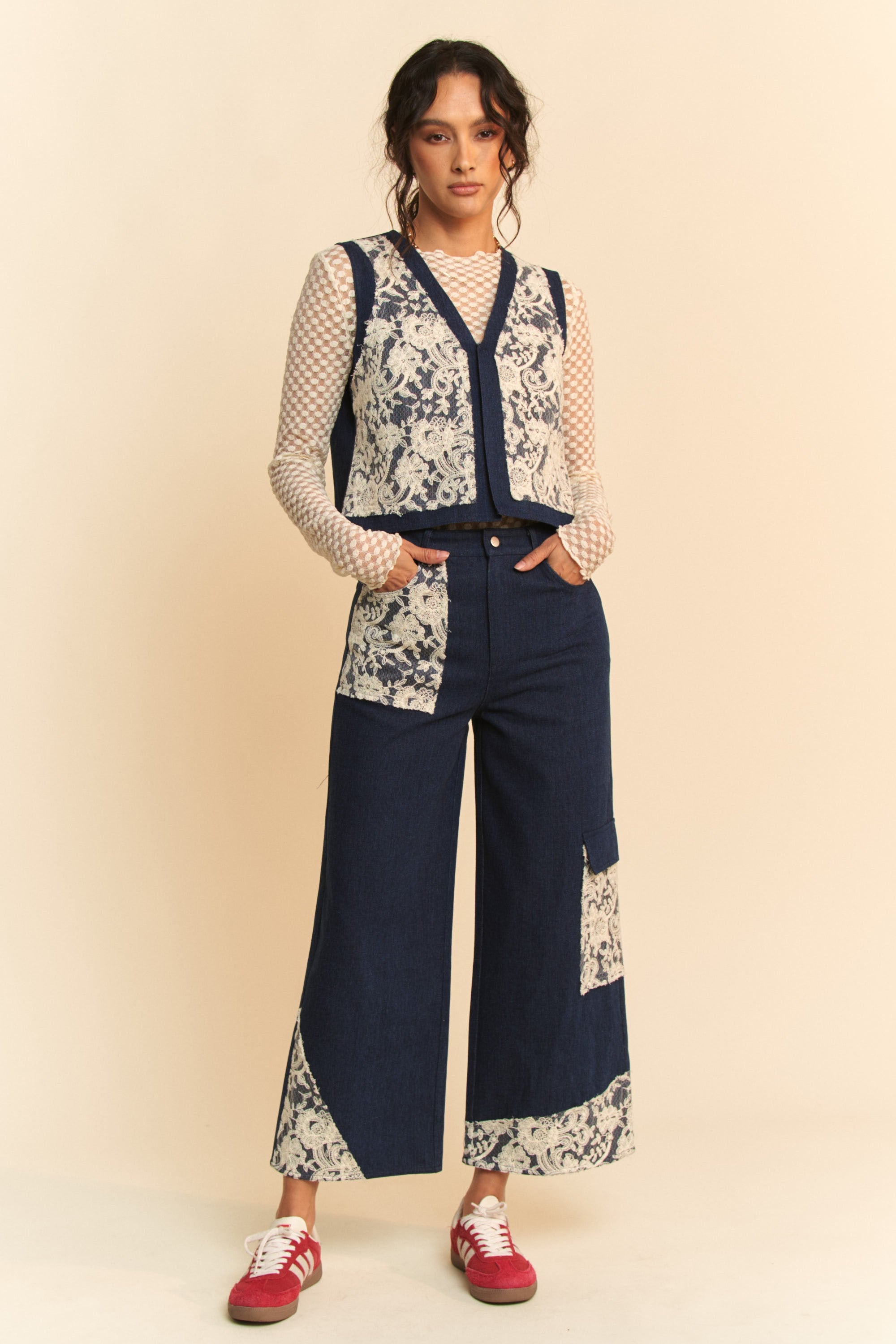 Davi & Dani USA Wide Leg Jeans Lace Applique Dark Blue Women Denim Pants dac654bb-e51a-4d0f-a896-048599d00e6a-Max Trendsi