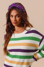SO ME Sweater Knit Ivory Mardi Gras Color Stripe Long Sleeve Top dac86d4691d340d6aa86451e8c765ab2-Max-Origin Trendsi