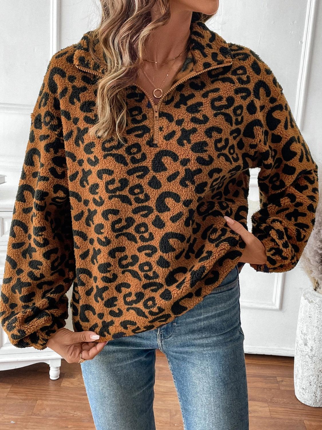 Leopard Sweatshirt Half Zip Collared Teddy Long Sleeve Top