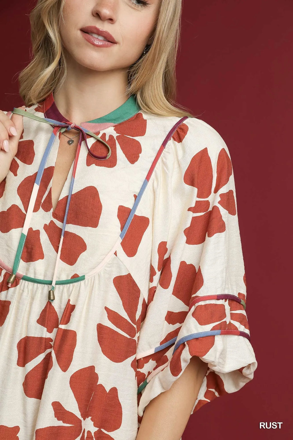 Umgee Babydoll Dress Floral Rust Two Tone Print Tie-Neck Short Sleeve dad65eac-12ab-4e41-801e-ce77185ac415-Max-Origin Trendsi