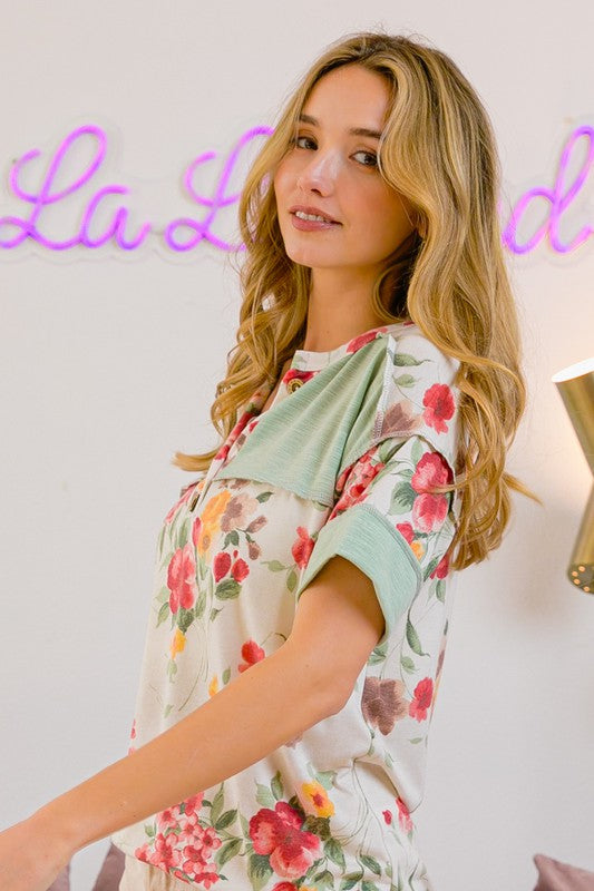 BiBi T-Shirt Floral Button Detail Round Neck Short Sleeve Terry Top dad7b2b0-d60b-4e08-b64e-fd60421c61c7-Max Trendsi