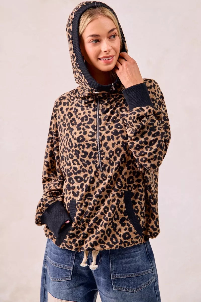 BiBi Leopard Print Hoodie Womens Waffle Half Zip Up With Pockets dae036ea33d848f9ab072d5eb0e0c020-Max-Origin Trendsi
