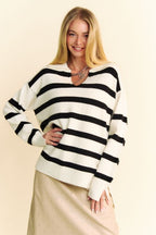 Davi & Dani Women Sweater Striped Side Slit Johnny Collar Long Sleeve White dae3921d-59a8-4dc4-9357-2b8f85ceff04-Max Trendsi