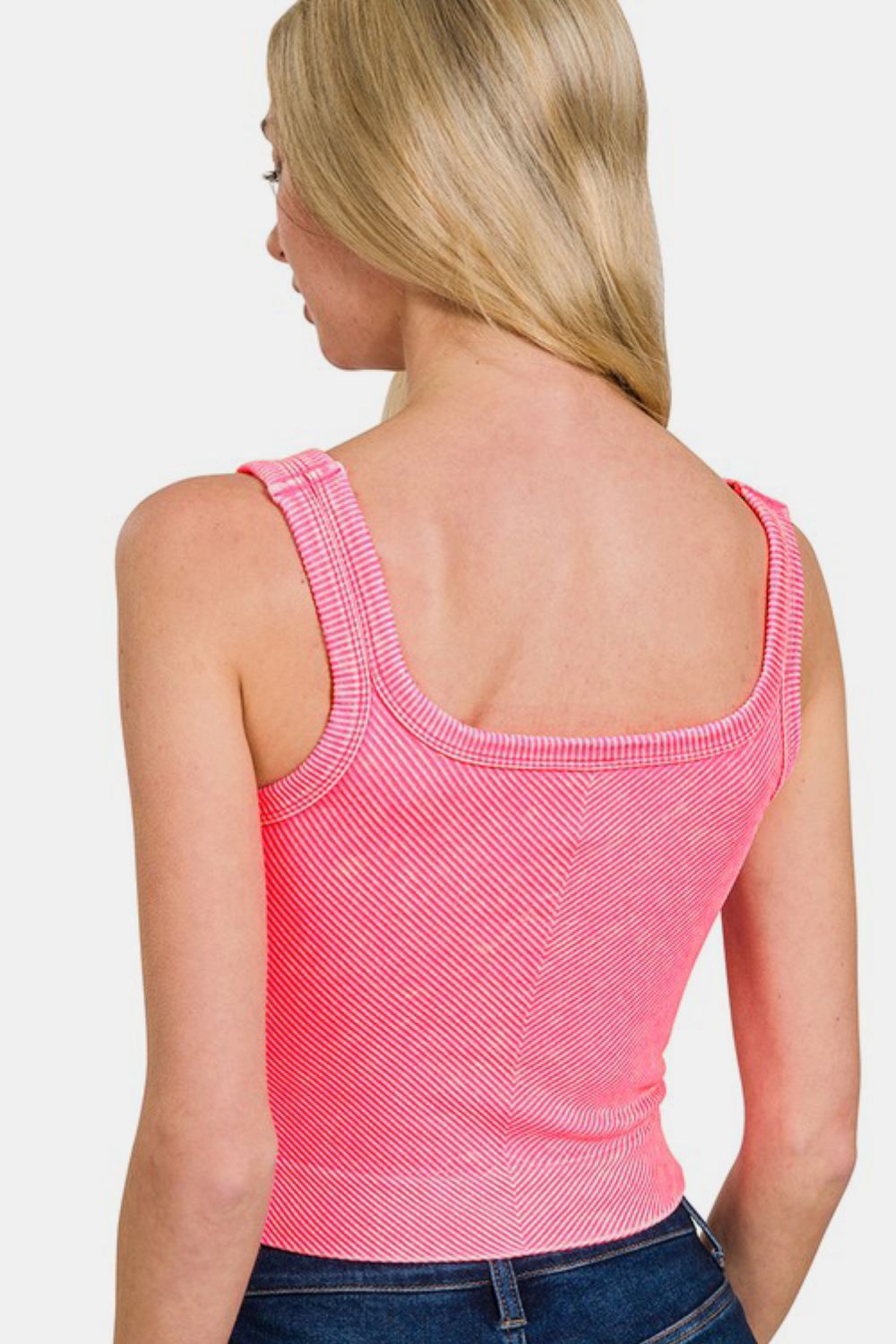 Zenana Tank Top Cropped Washed Ribbed Scoop Neck Wide Strap Coral Fuchsia