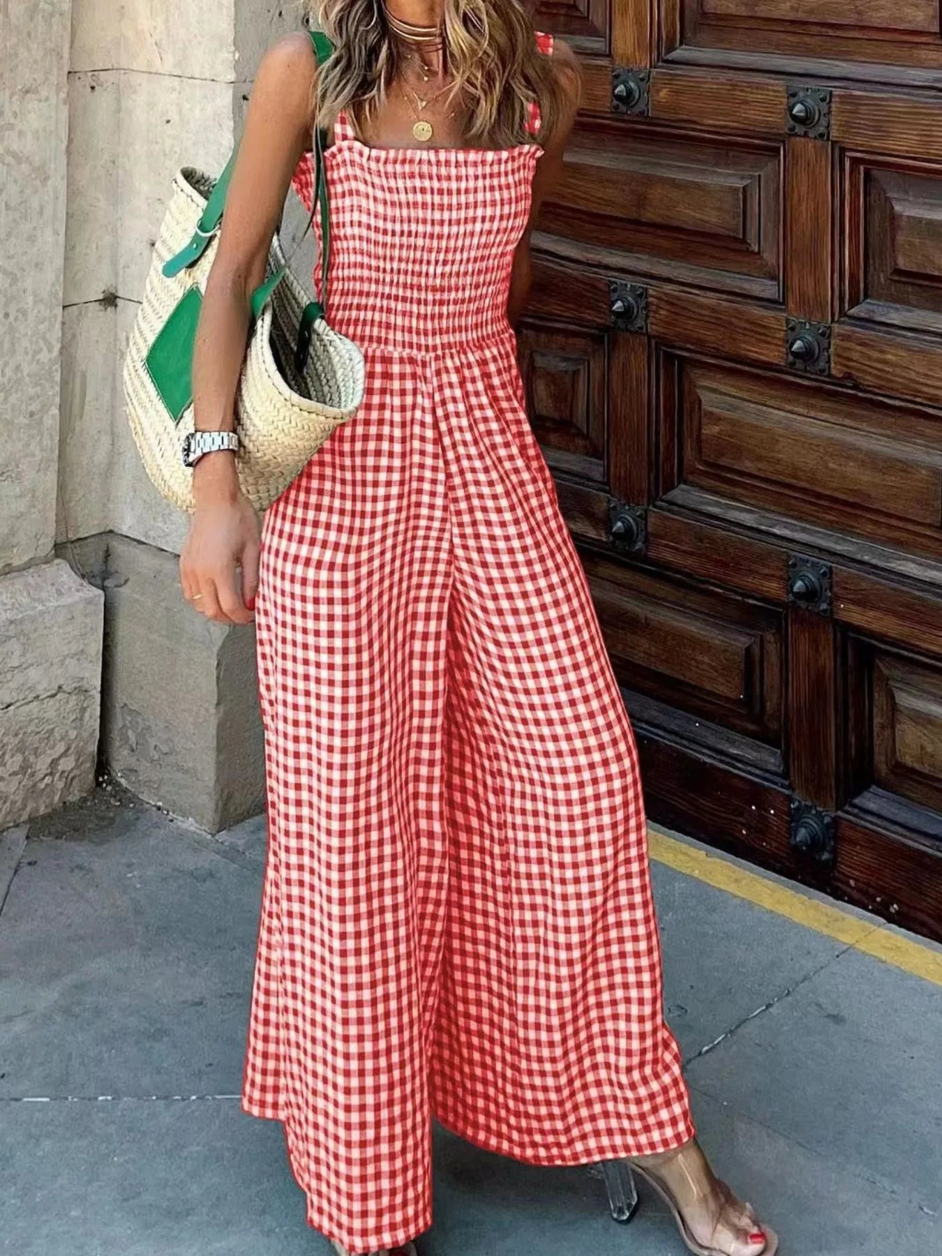 Women's Jumpsuit Gingham Plaid Smocked High Waist Wide-Leg Overall Red db0038c4-a927-4f8a-97be-12b8d5ba3c03-Max-Origin Trendsi