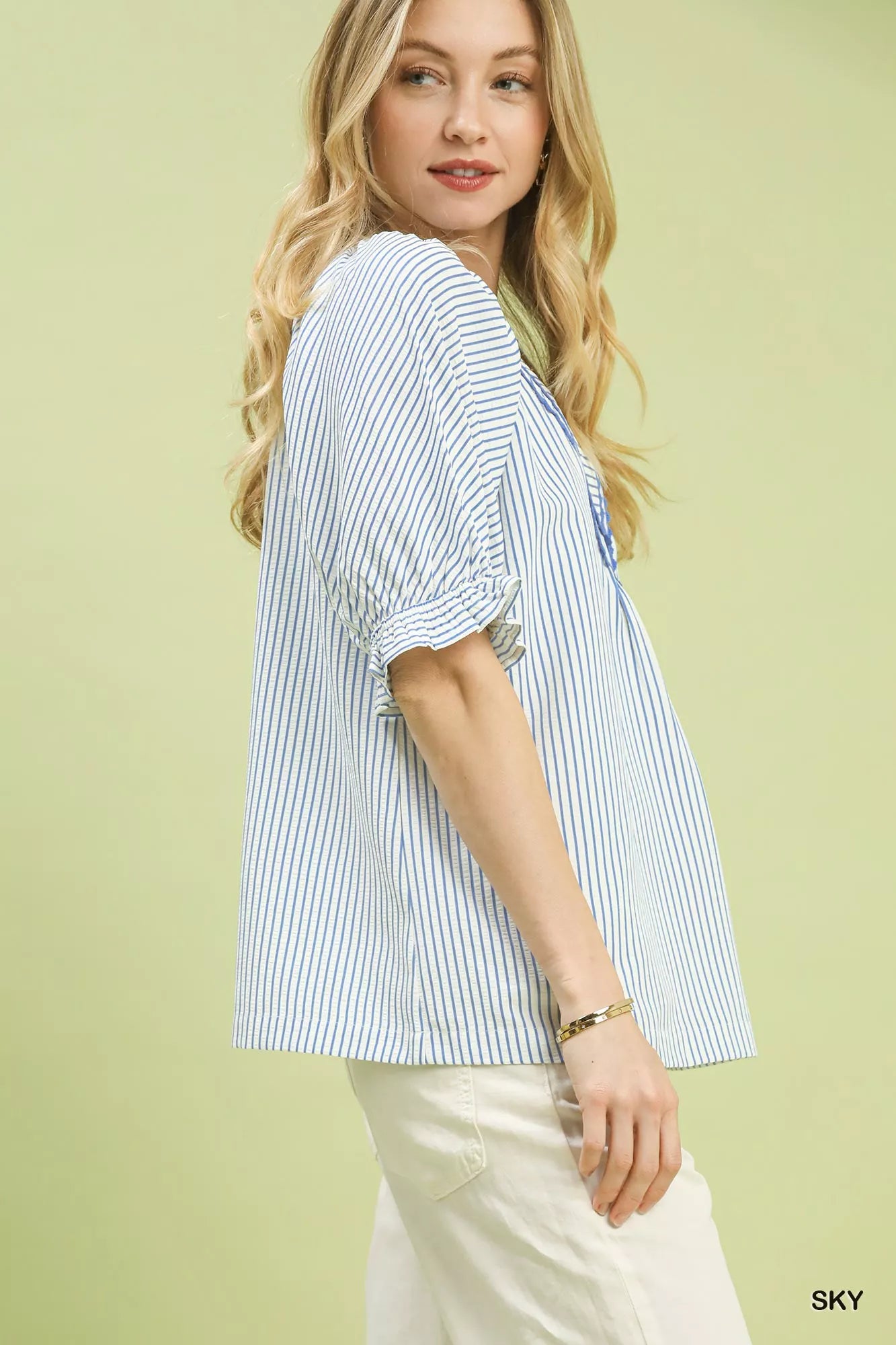 Umgee Blouse Sky Blue Stripe V-Neck Ruffled Short Sleeve Top db01138c-f0b3-4724-b56d-2e13ef0445ef-Max-Origin Trendsi