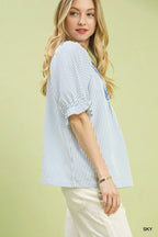 Umgee Blouse Sky Blue Stripe V-Neck Ruffled Short Sleeve Top db01138c-f0b3-4724-b56d-2e13ef0445ef-Max-Origin Trendsi