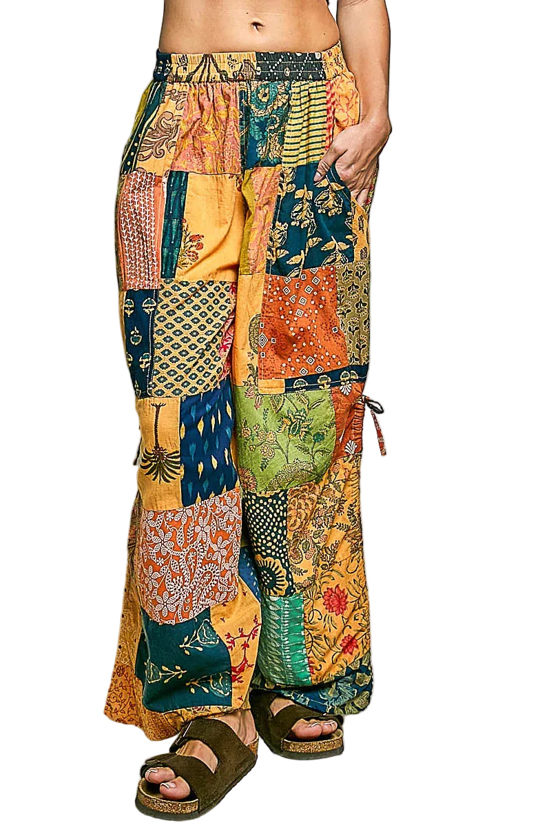POL Printed Patchwork Wide Leg Pants with Adjustable Side Drawstring for Custom Fit