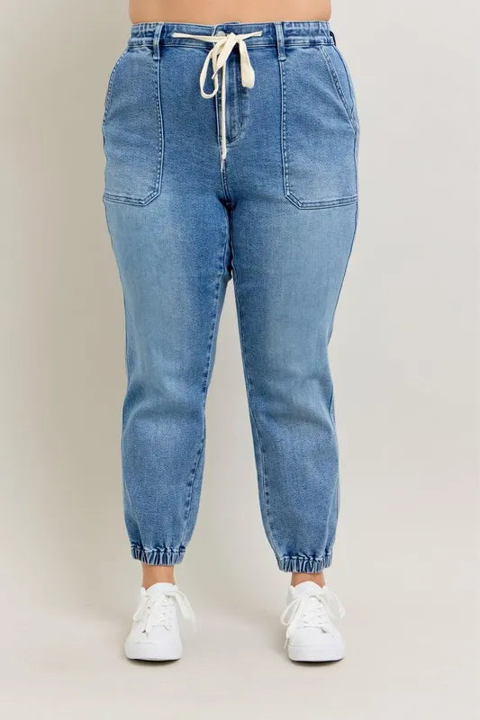 Judy Blue Denim Jogger Pants High Waist Drawstring Medium Wash db0af1f0-380e-4b84-a1bf-2a2654b60ea8-Max-Origin Trendsi