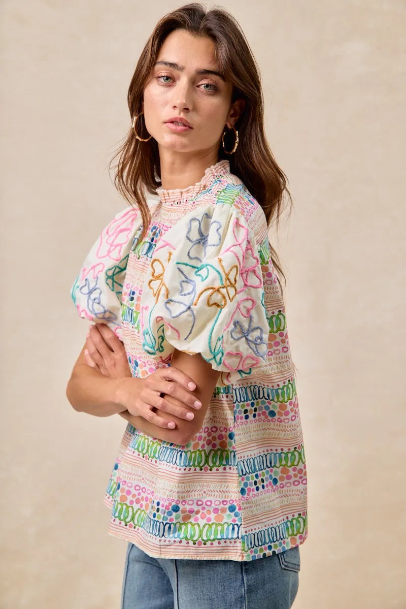 BiBi Blouse Multicolor Ruffle Neckline With Embroidery Bubble Short Sleeve Top db2009f025964cf2b750a0d74aa89979-Max-Origin Trendsi