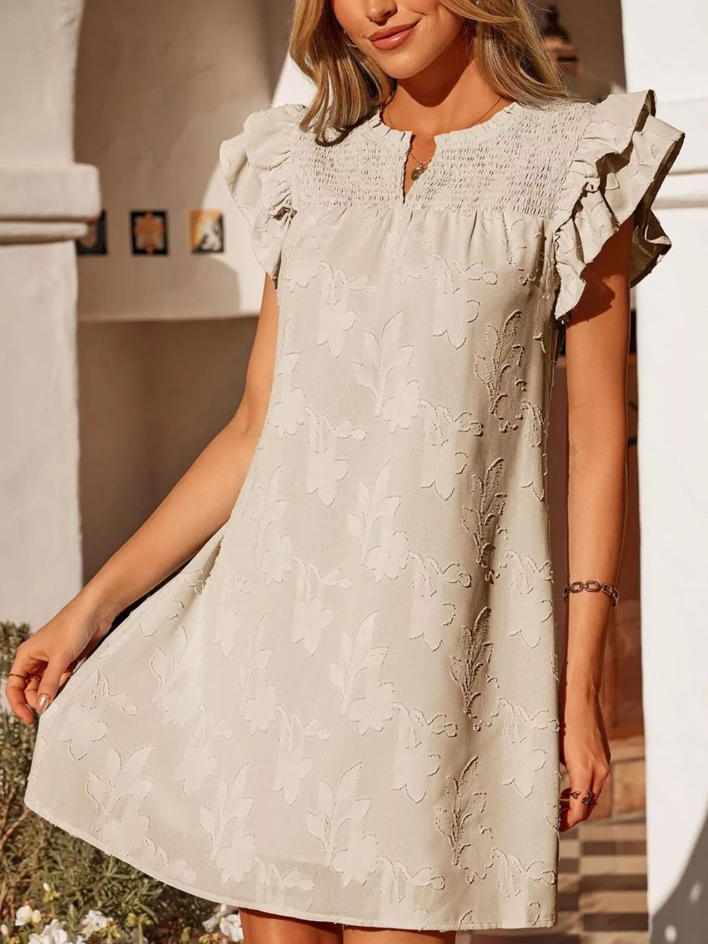 Floral Embossed Mini Dress with Ruffle Sleeves
