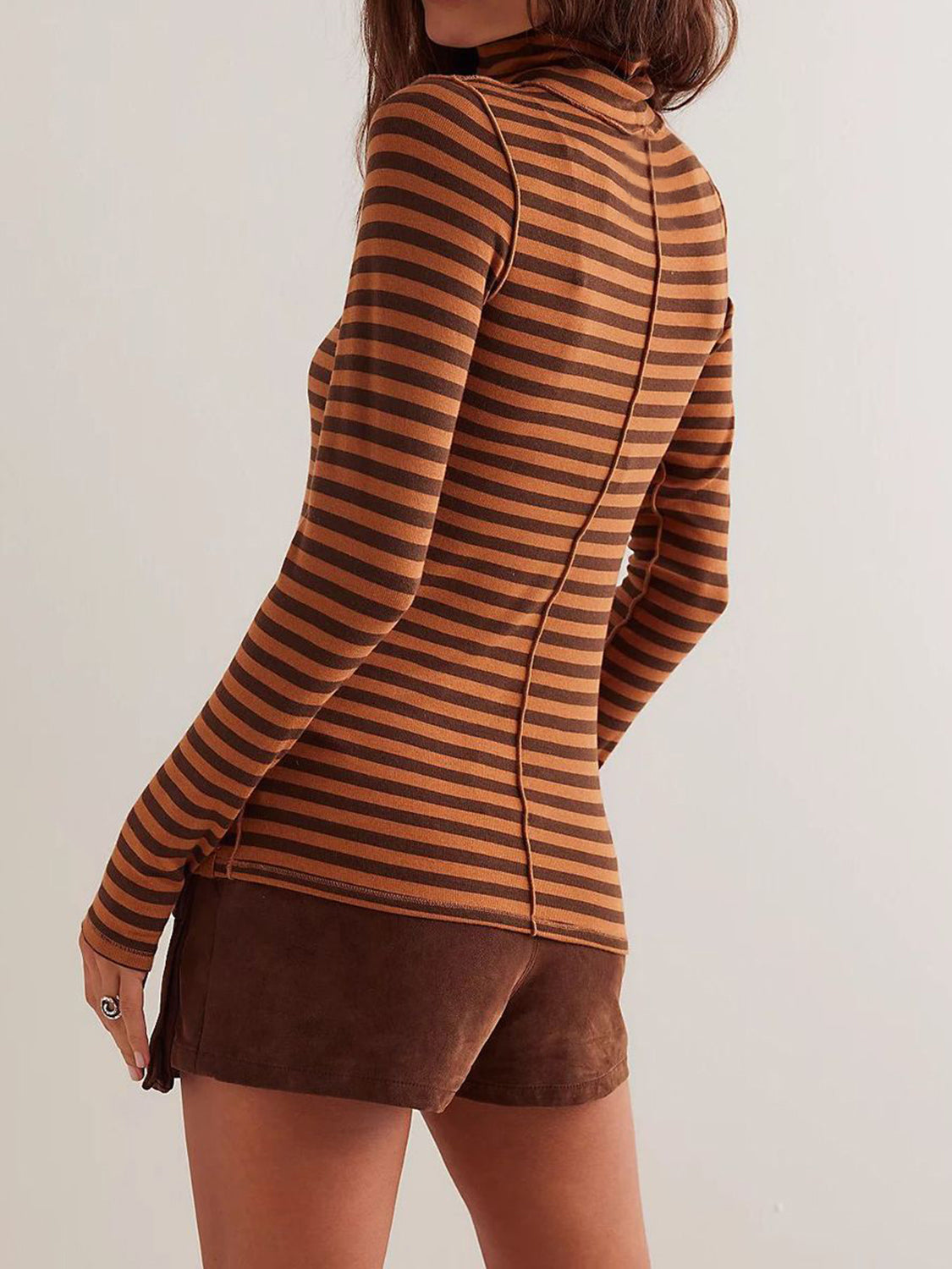 Striped Turtleneck T-Shirt Cotton Blend Women Exposed Seam Long Sleeve Brown db38e893-835a-444a-ad73-6b0d000cb221-Max Trendsi