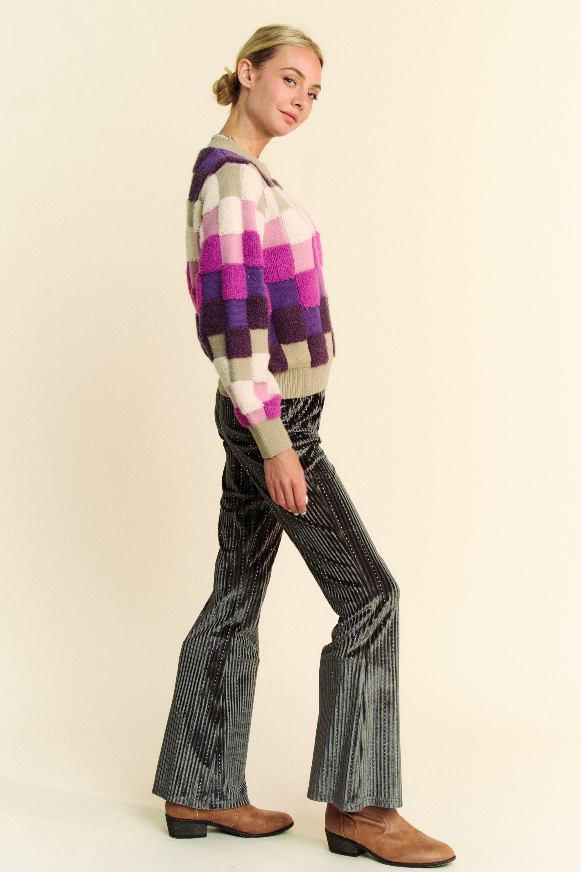 Davi & Dani USA Checkered Knit Sweater Purple Multi Round Neck Long Sleeve db3bd7c4-5442-4477-af48-80caa2ac45dc-Max Trendsi