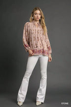 Umgee Women's Blouse Stone Brown Floral Boho Peasant Ruffle Tied Top db3ceabb-c1da-4b58-890d-d2bf110f2ba6-Max-Origin Trendsi