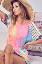 BiBi Tie Dye Woemens Blouse French Terry Top With Stripe Raglan Short Sleeve db3d3203332740fda168659b4d7606e3-Max-Origin Trendsi