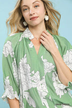 Umgee Womens Blouse Green Peony Illustration Print Flounce Short Sleeve Top db3efac9-6b32-47ae-a074-5b938a43880f-Max-Origin Trendsi