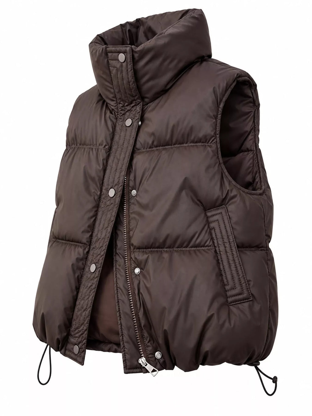 Three-quarter angle of brown insulated vest showing padding volume and hardware
