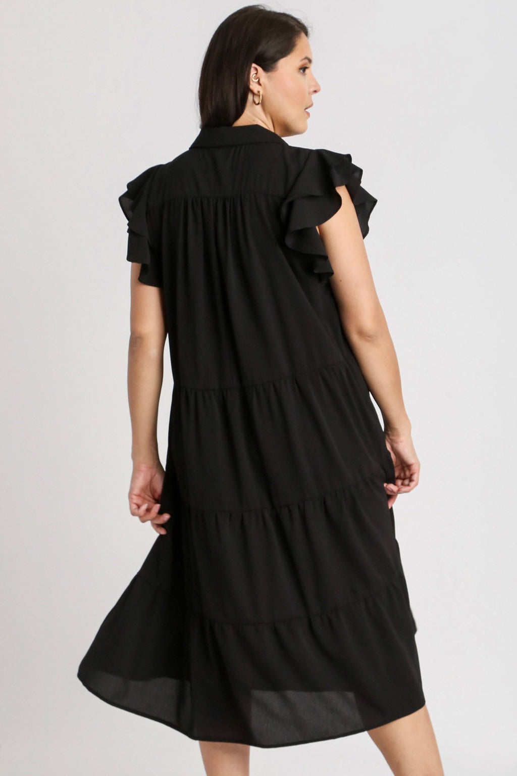 Umgee Midi Dress Black Ruffle Johnny Collar Short Cap Sleeve Tiered db4e5801-ba28-496b-9251-c57afeaa2dd4-Max Trendsi