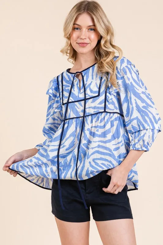 Lime 'N' Chili Blouse Blue Graphic Print Solid Trim Quarter Sleeve Tiered db55b66d4dc2426995c66f2aae7d986a-Max-Origin Trendsi