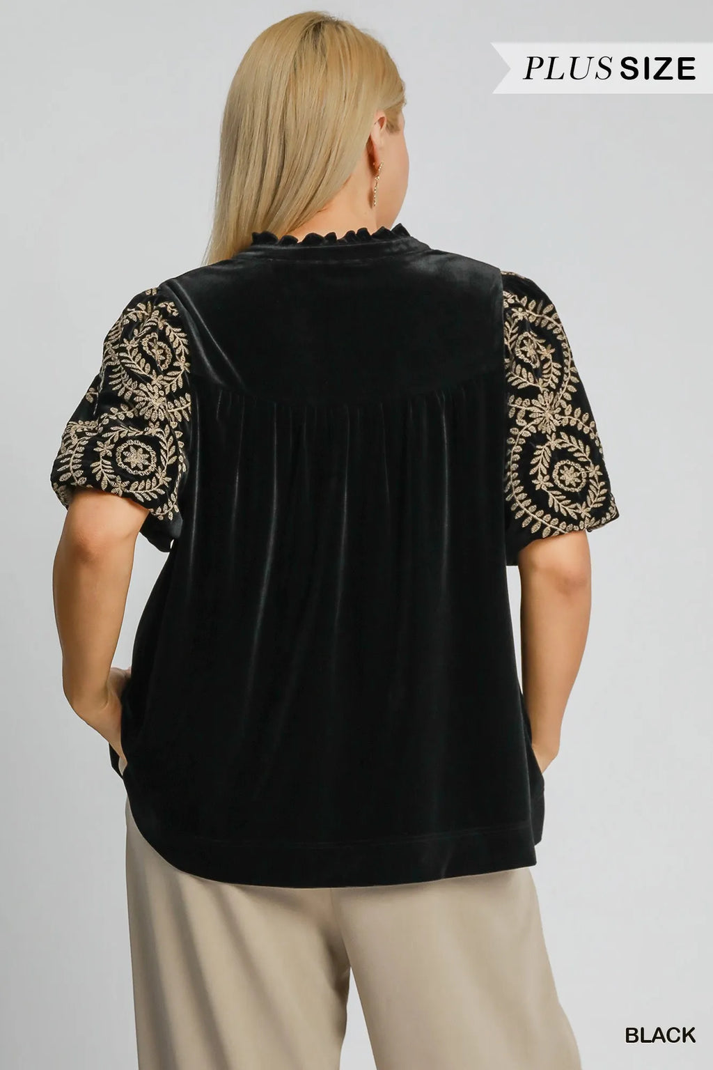 Umgee Blouse Black Velvet Embroidered Short Puff Sleeve Top db59a6b2-0252-4a03-bd89-dfa92b22eae5-Max-Origin Trendsi