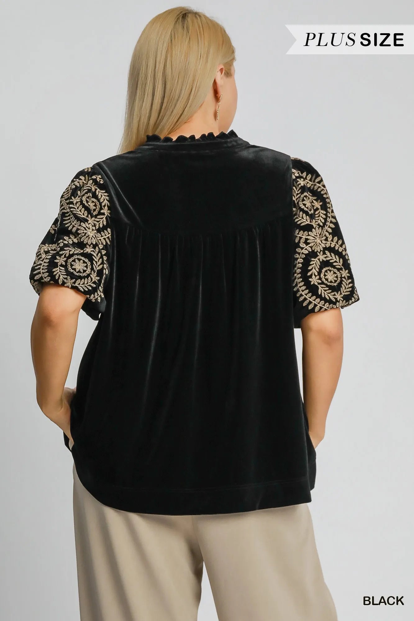 Umgee Blouse Black Velvet Embroidered Short Puff Sleeve Top db59a6b2-0252-4a03-bd89-dfa92b22eae5-Max-Origin Trendsi