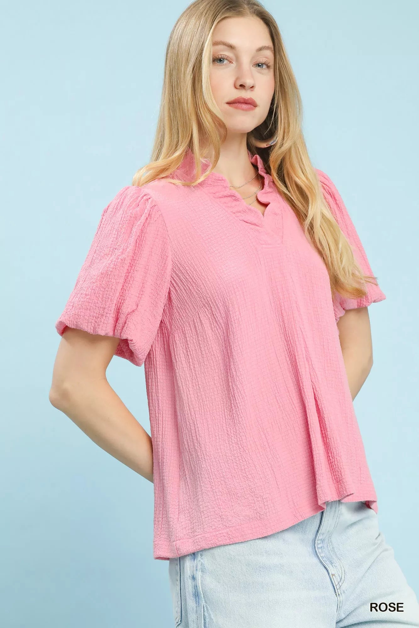 Umgee Blouse Rose Pink Seersucker Puff Short Sleeve Top db5cf5b6-d555-4c6b-b1bb-474f97a3a05a-Max-Origin Trendsi