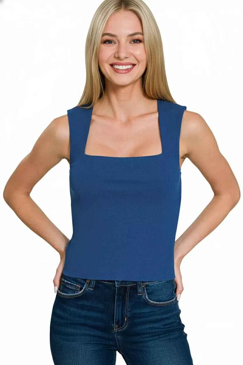 Zenana Tank Top Light Navy Ribbed Seamless Double Layered Square Neck db5f8aef-680b-4b9f-9b00-3b064617b65f-Max-Origin Trendsi