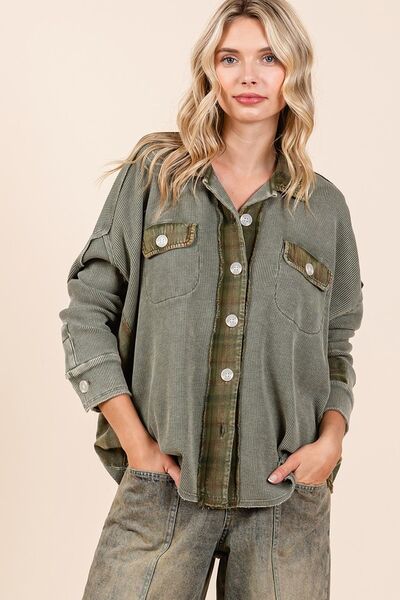 Mittoshop Shacket Olive Mineral Washed Plaid Long Sleeve Shirt Jacket Olive db6332a6-c5f2-4e76-b694-a857f334ebf7-Min Trendsi