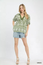 Umgee Women Blouse Green Two Tone Boarder Print Top Short Sleeve db644582-1d1a-4ee9-a8fe-7d95504deaa4-Max-Origin Trendsi