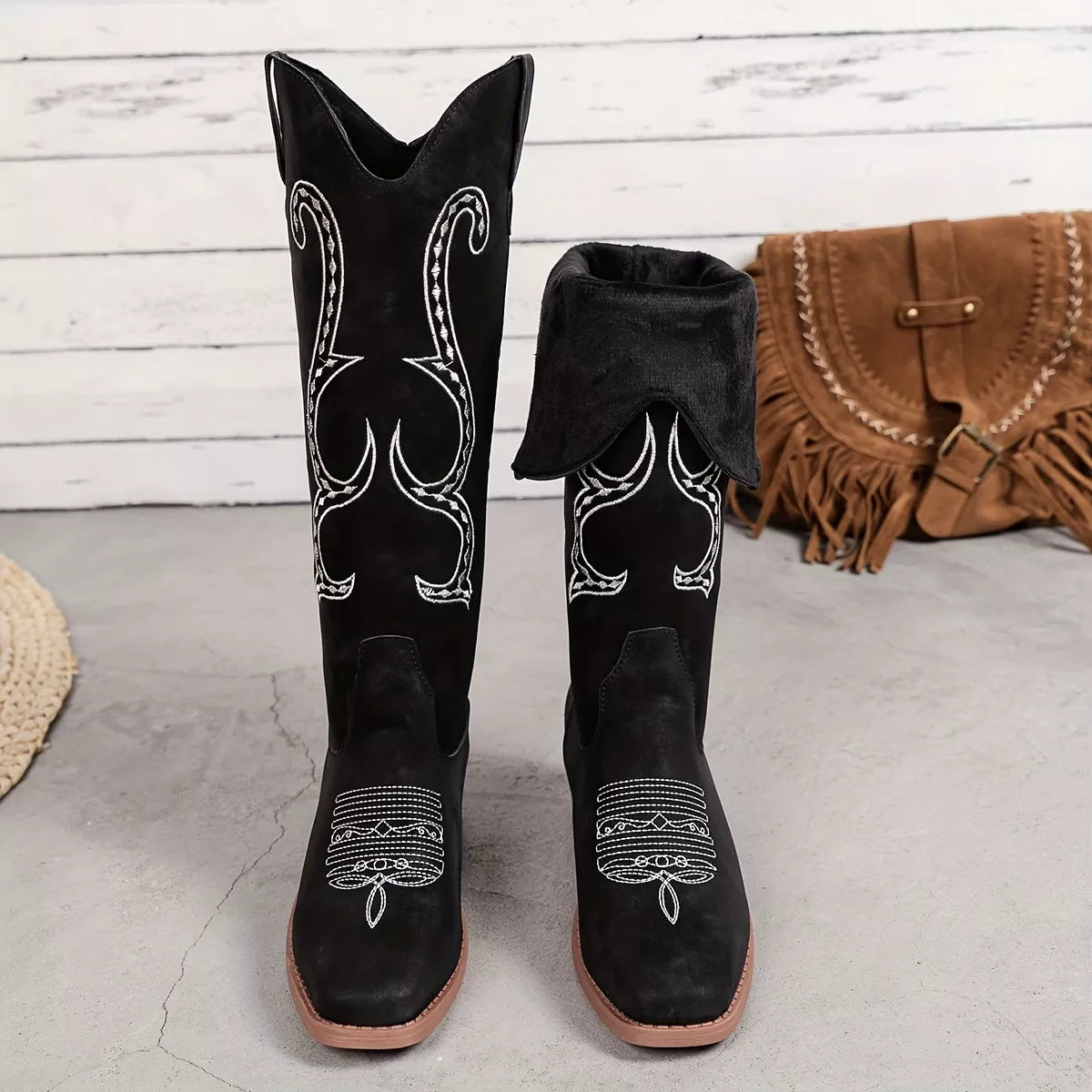 Women's Boots Matte Pu Leather Western Embroidered Round Toe Block Mid Heels db668043d23544689a5c06446a593782-Max-Origin Trendsi