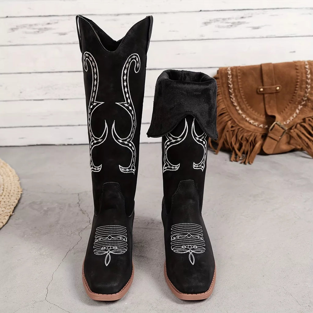 Women's Boots Matte Pu Leather Western Embroidered Round Toe Block Mid Heels db668043d23544689a5c06446a593782-Max-Origin Trendsi