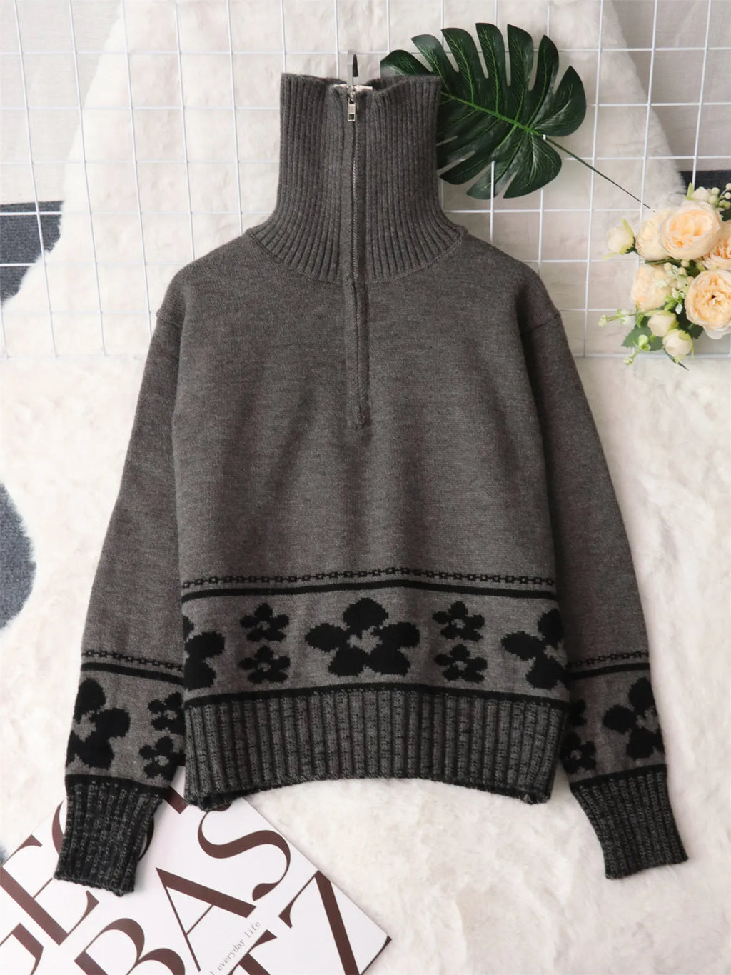 Women's Sweater Flower Hem Zip Collar Long Sleeve Stylish Pullover db71ce177a9440c899e7628c3e5f95fd-Max-Origin Trendsi