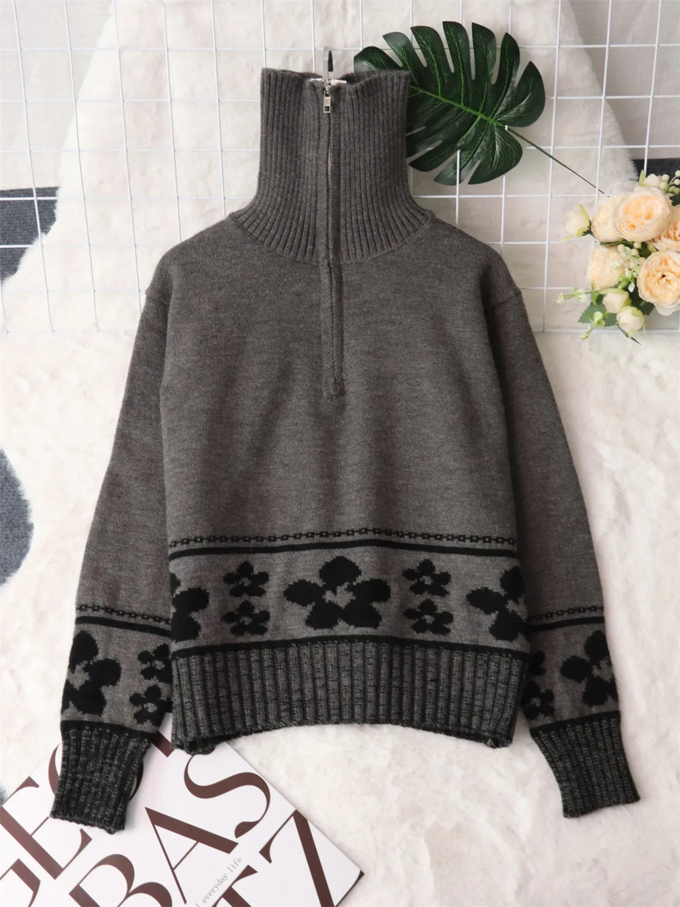 Women's Sweater Flower Hem Zip Collar Long Sleeve Stylish Pullover db71ce177a9440c899e7628c3e5f95fd-Max-Origin Trendsi
