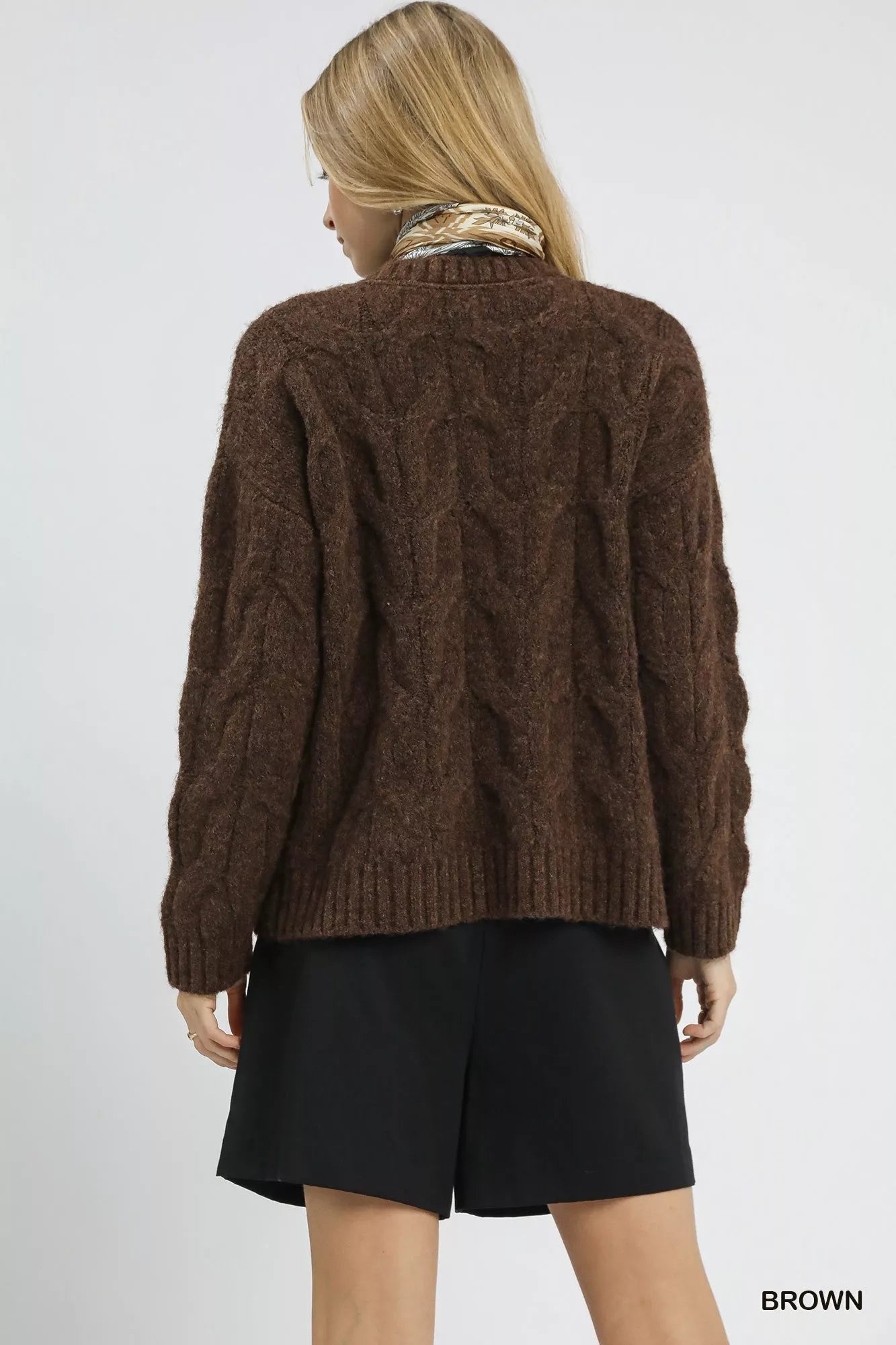 Umgee Women's Sweater Brown Cable Knit Cozy Pullover