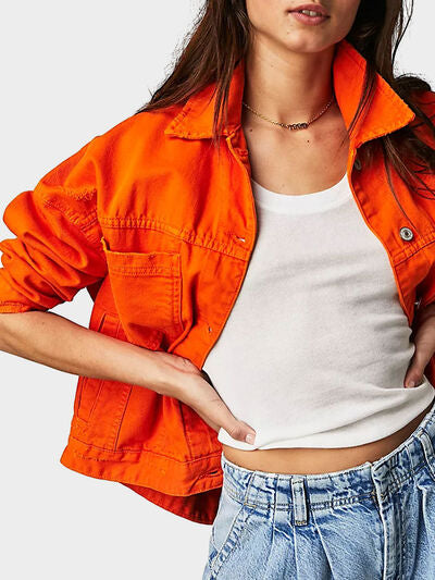 Denim Jacket Women's Orange Classic Long Sleeve Oversized Pocketed Outwear Orange db8131bc-7daa-4ec5-92d1-ab9613e684dc-Min Trendsi