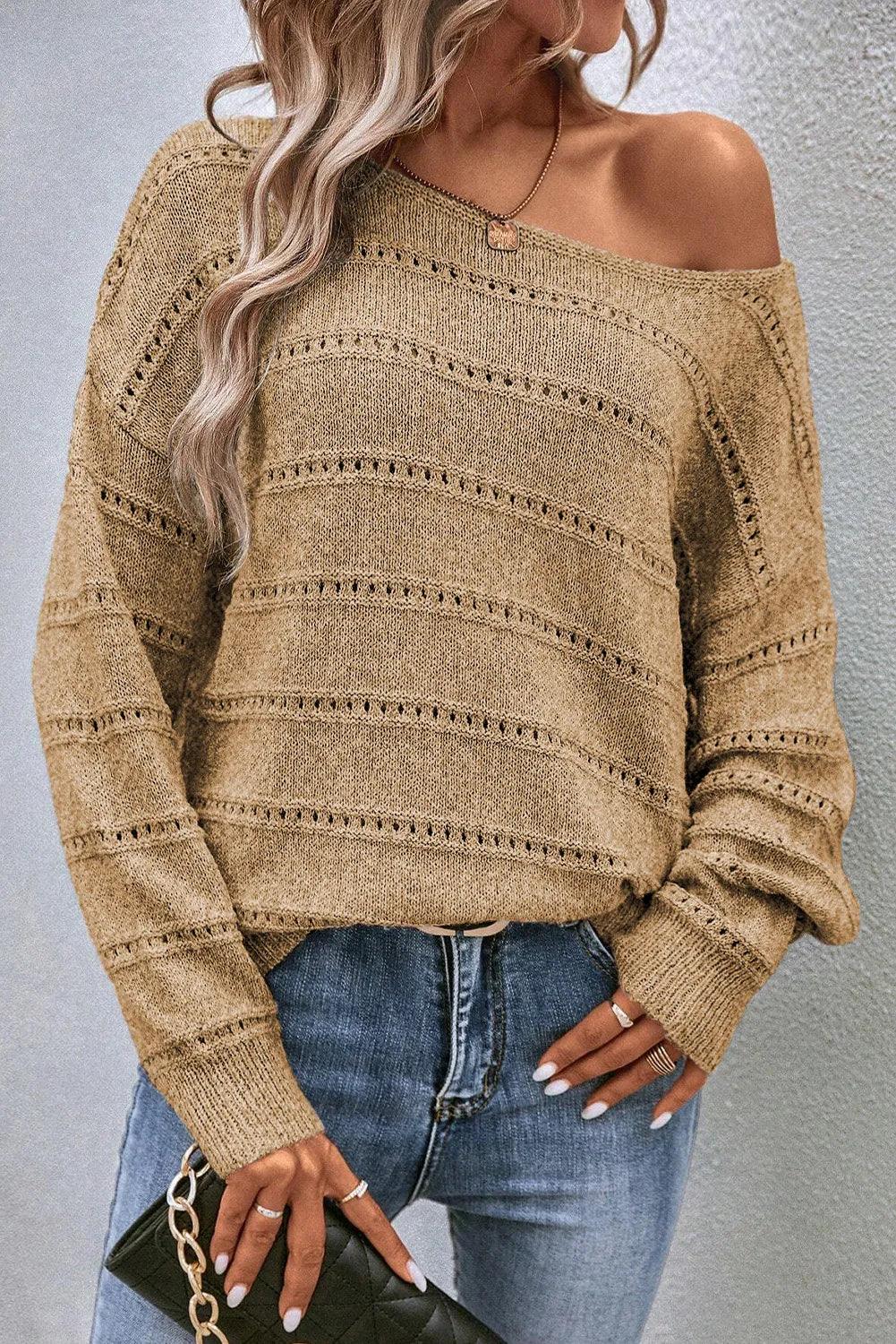 Sweater Boat Neck Dropped Shoulder Long Sleeve Knitwear db8cdd4f-f5a8-47a2-a949-3ffec9bf57cb-Max Trendsi