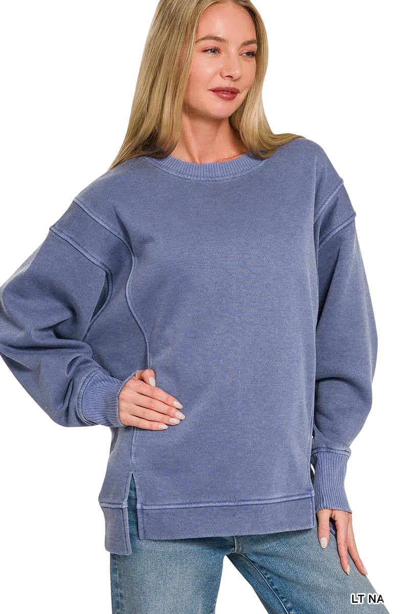 Zenana Pigment-Dyed Fleece Sweatshirt with Exposed Seam Detail