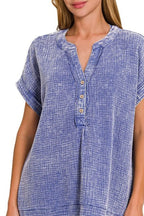 Zenana Cotton Top Blue Washed Double Gauze 3/4 Button Henley Neck Shirt dba2d3a0-c6c7-408b-bad2-5f0fdc4945f4-Max-Origin Trendsi