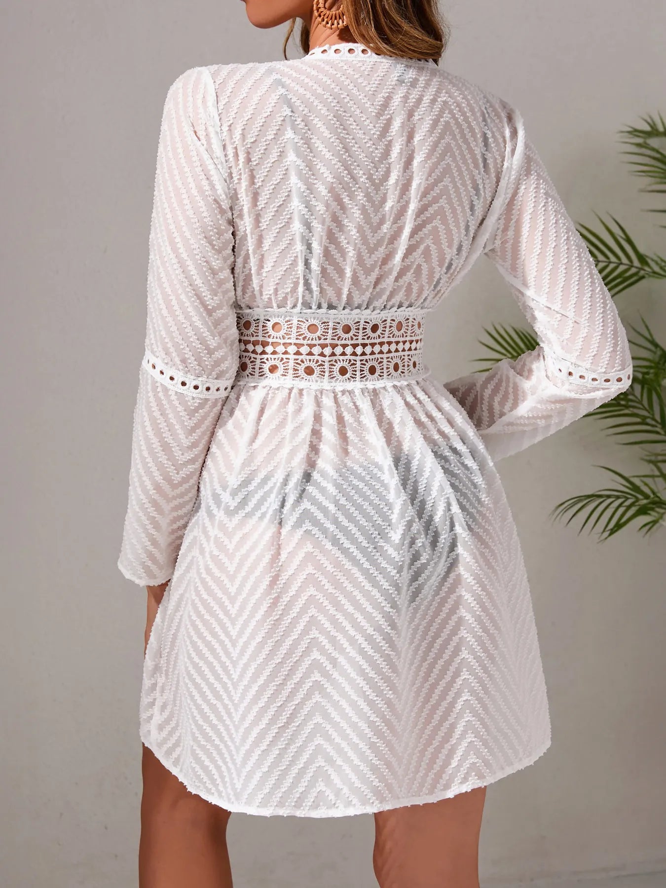 Cover-Up Short Dress Chevron Crochet Lace White Lace Up Sheer dba88736df1e481d99f0a634255e5c4b-Max-Origin Trendsi