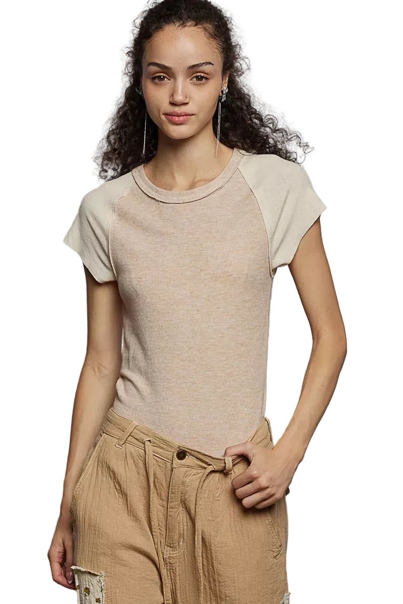 POL Outseam Detail Ribbed T-Shirt with Contrast Color Sleeves