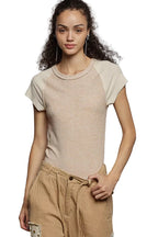 POL Outseam Detail Ribbed T-Shirt with Contrast Color Sleeves