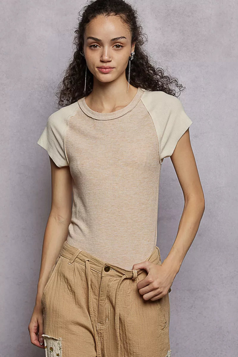 POL Outseam Detail Ribbed T-Shirt with Contrast Color Sleeves