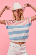 BiBi Women's Knit Top Striped Lightweight Short Sleeve Red Blue Sweater dbaa120ede8d47dfb822f8a5ac7e8628-Max-Origin Trendsi