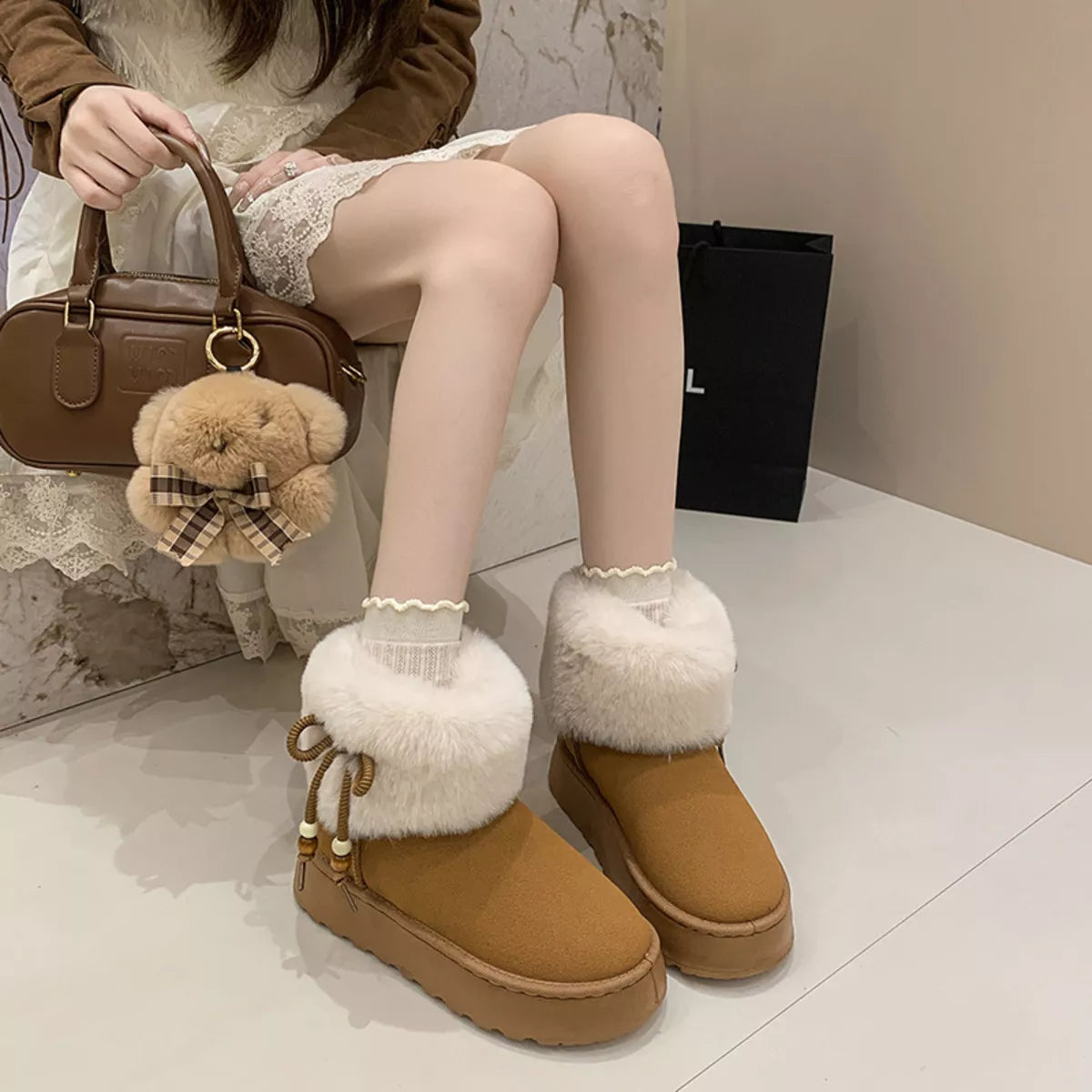 Women's Boots Faux Fur Fluff Suede Bow Round Toe Platform Low Heels Brown dbb8198fe9704710b63bbdcdd012ea34-Max-Origin Trendsi