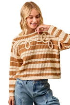 BiBi Womens Brown Striped Open Knit Sweater Top with Front Braided Detail dbbd66af7c494a0391895724a2876888-Max-Origin Trendsi
