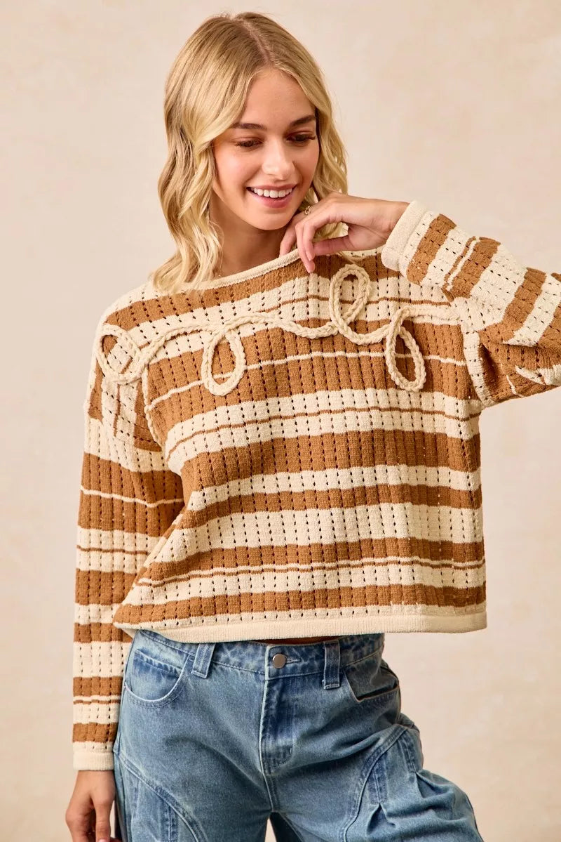 BiBi Womens Brown Striped Open Knit Sweater Top with Front Braided Detail dbbd66af7c494a0391895724a2876888-Max-Origin Trendsi