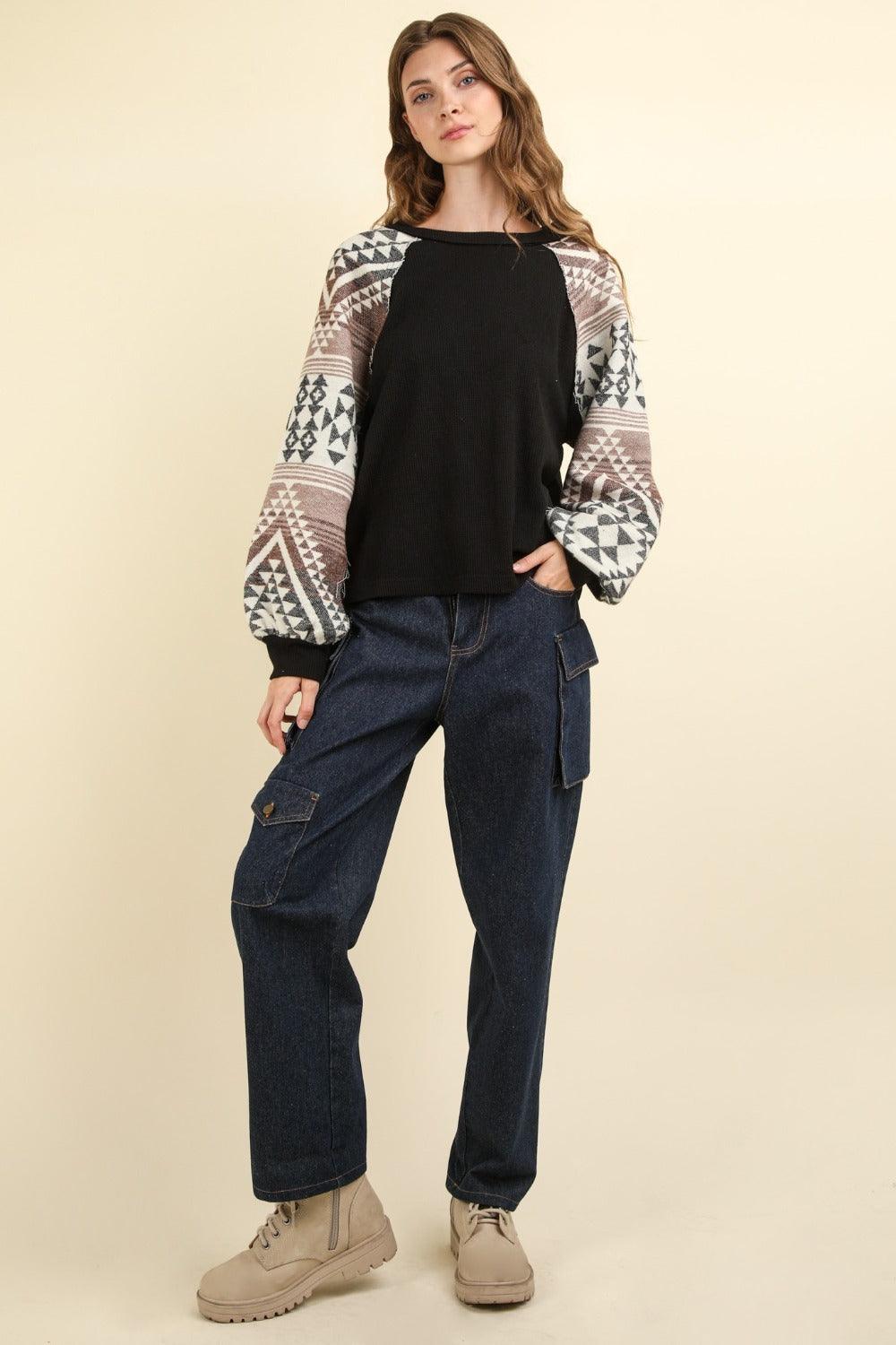 VERY J US Geometric Long Sleeve Round Neck Knit Top