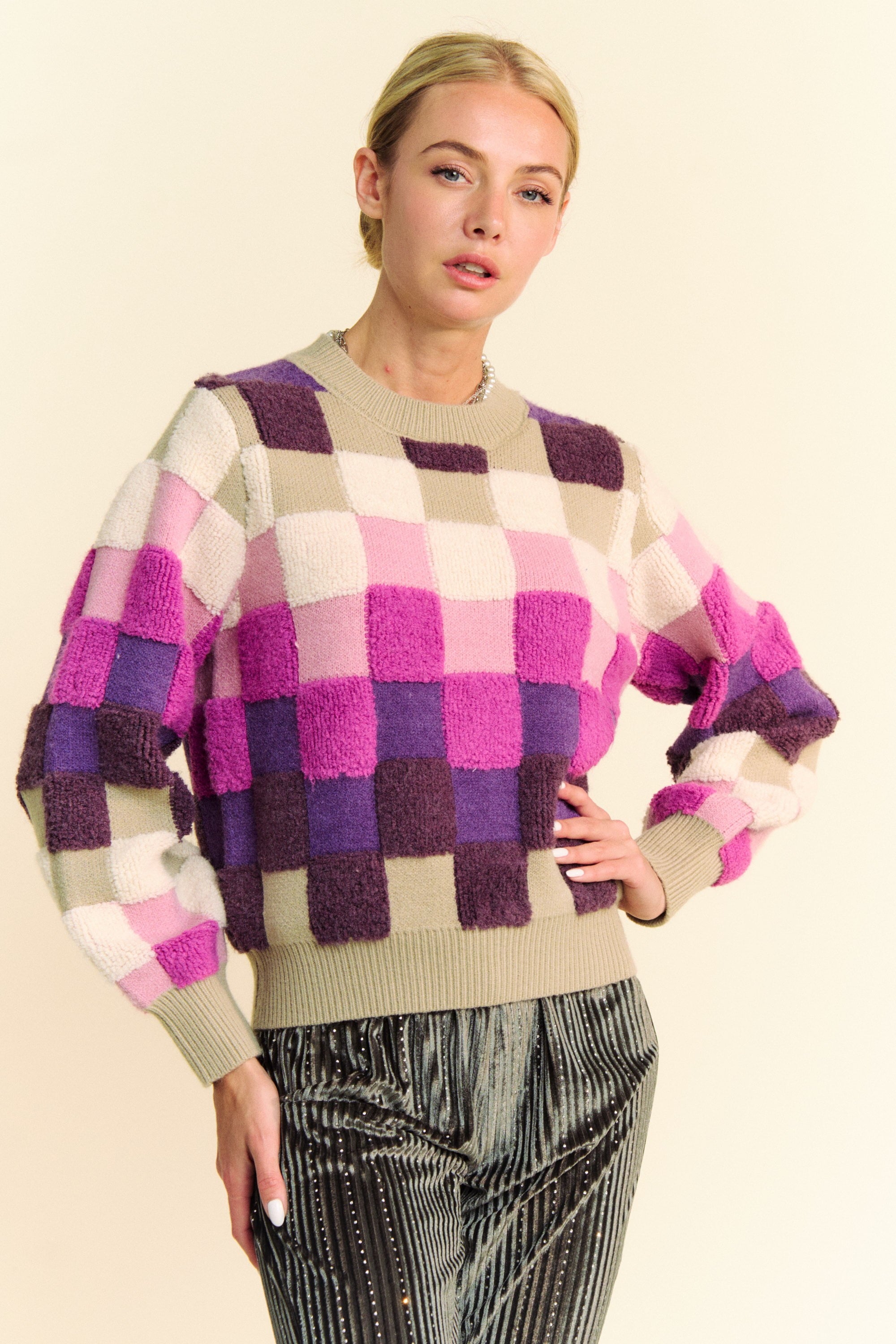 Davi & Dani USA Checkered Knit Sweater Purple Multi Round Neck Long Sleeve dbc56093-0acc-4142-ade2-2fc9287bcd2a-Max Trendsi