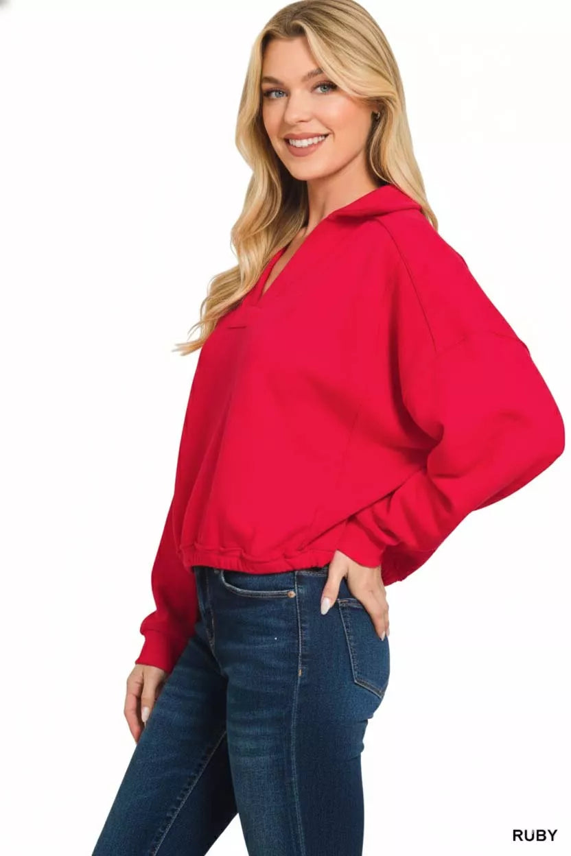 Zenana Sweatshirt Ruby Red French Terry Collared Exposed Seam Top dbc88907-aeea-48b0-997c-8ad1e517a9cf-Max-Origin Trendsi