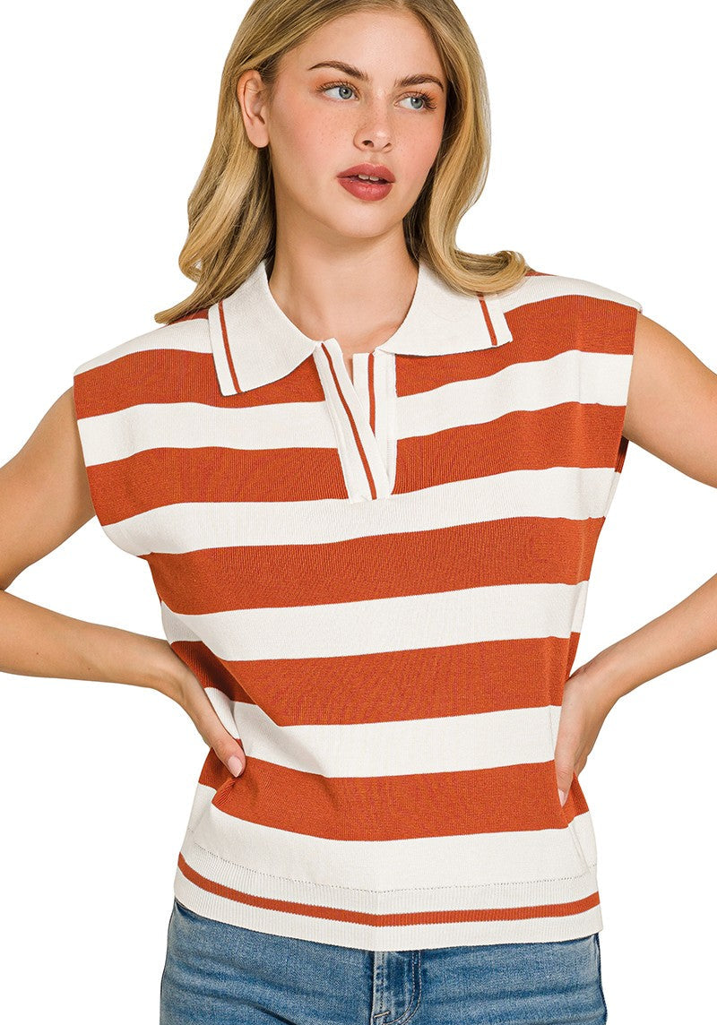 Zenana Viscose Striped Sweater Vest with Polo Collar